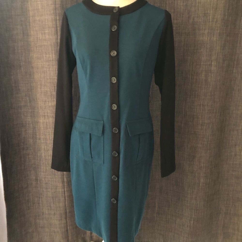 Saks Fifth Avenue Vintage Black Label Green/Black Knit Sheath Shirt Dress 4 👍